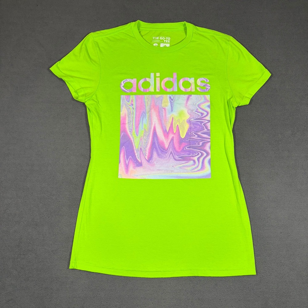Adidas Graphic Tee Womens Small Green The Go-To Tee Short Sleeve Iridescent Logo
